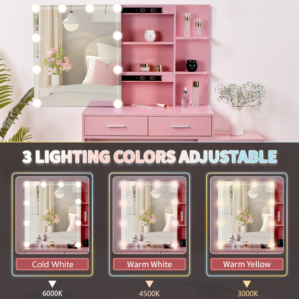 Pink Textured Particle Board with Melamine Laminate Five-Drawer Two-Shelf Sliding Door Mirror Cabinet Dressing Table Set with Three-Color Dimmable Bulb