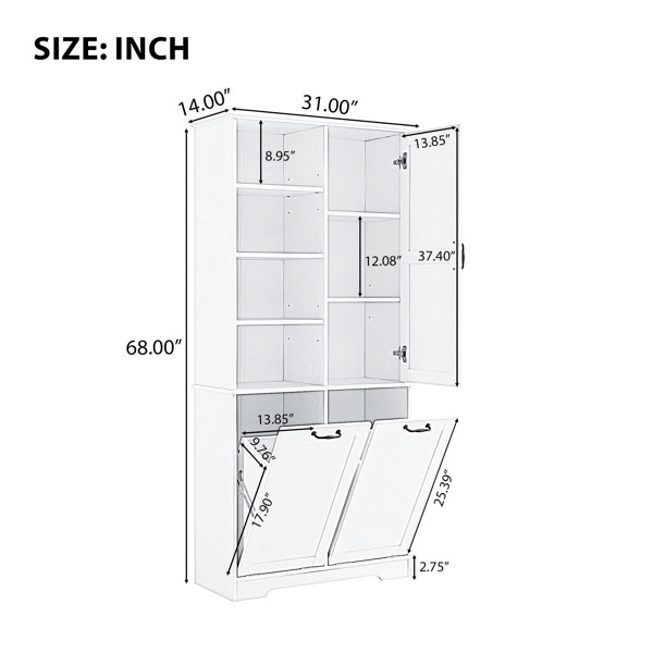 Bathroom Storage Cabinet with Doors and Drawers, Tilt-Out Laundry Hamper, Multiple Storage Space, Freestanding Style, Open Shelve, Adjustable Shelf, White