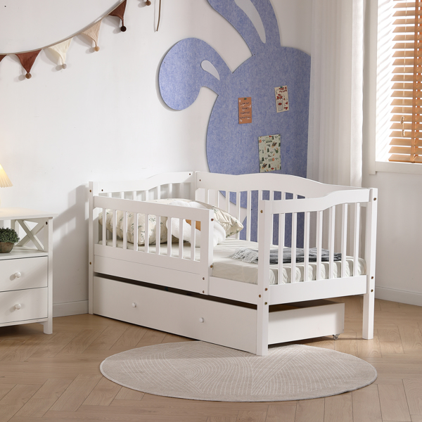 FCH Vertical Fence White Painted Pine Toddler Bed with Bottom Drawer and Side Car Bed