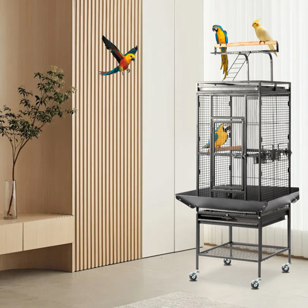 65-inch Wrought Iron Large Rolling Bird Cage with Play Top and Stand for Parrots Lovebird Cockatiel Parakeets, Black