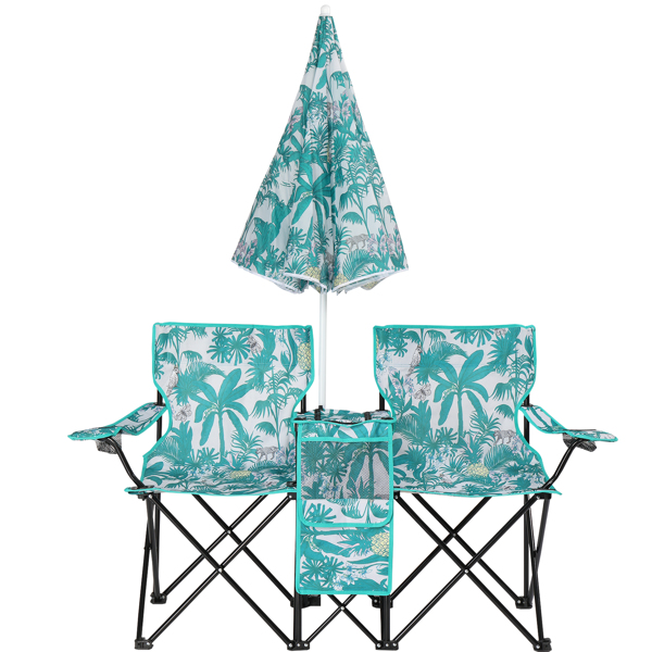 Portable Outdoor 2-Seat Folding Chair with Removable Sun Umbrella Pineapple