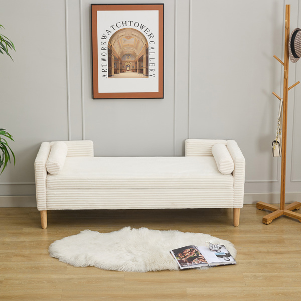 65.35"Wide Corduroy Storage Soft Bench with Armrests, Backrest and Two bolster Pillows for Living Room, Entryway and Bedroom. Ivory