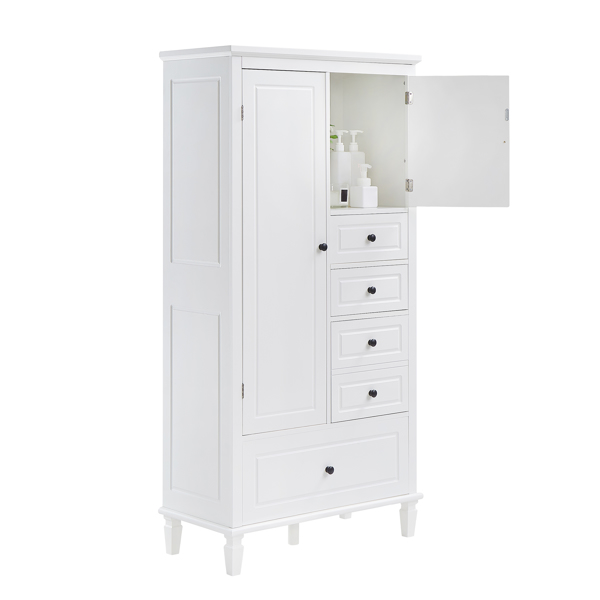 Tall and Wide Storage Cabinet with Doors for Bathroom/Office/Living Room/Indoor, Four Drawers of Different Sizes, Adjustable Shelves, White