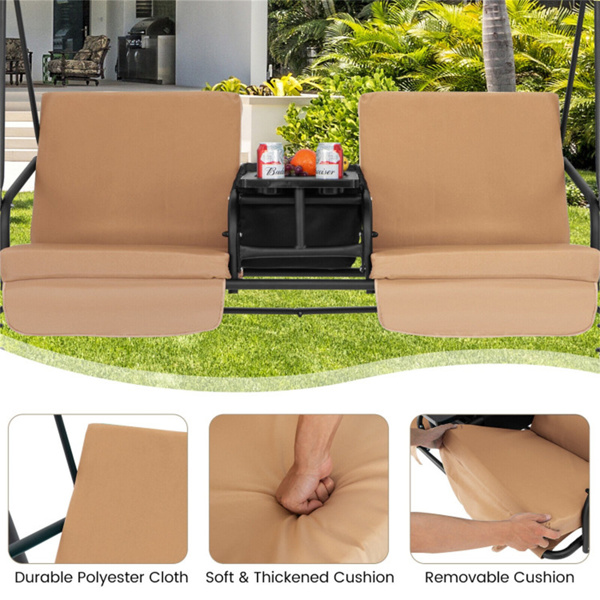 2 Seater Porch Swing Chair with Handy Storage and 360° Rotatable Tray