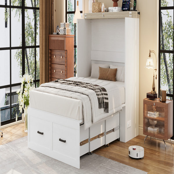 Full Size Farmhouse Murphy Cabinet Bed with Charging Station, Foldable Platform Bed with Large Storage Drawer for Guest-Room, Small Bedroom, White