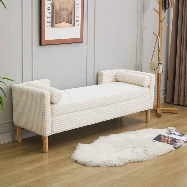 65.35"Wide Corduroy Storage Soft Bench with Armrests, Backrest and Two bolster Pillows for Living Room, Entryway and Bedroom. Ivory