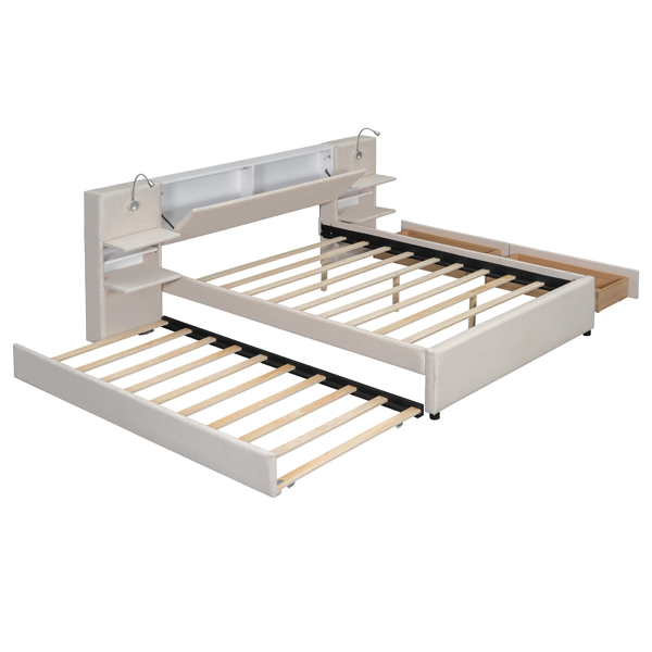 Queen Size Upholstered Platform Bed with Reading Lights, Drawers, Trundle and Shelves, Beige