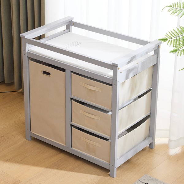 FCH Wooden Frame Removable Top Gray Painted Pine Children's Cot with 3 Fabric Drawers + 1 Fabric Bag