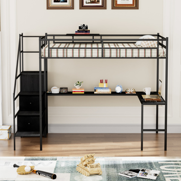 Full Size Metal Loft Bed with L-shaped Desk, LED Lights, Charging Cradle, LED Loft Bed Frame, Full Size Bed with One Cabinet Wardrobe and 2 Fabric Drawers, Safety Rails and Ladder, Black
