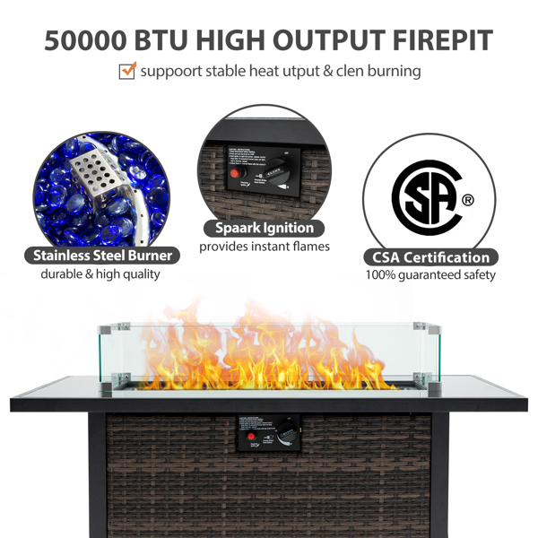 Outdoor Fire Pit 50,000 BTU Propane Gas Fire Table with Lid Fireplace with Glass Wind Guard Wicker Base for Garden, Patio, Backyard, 44"