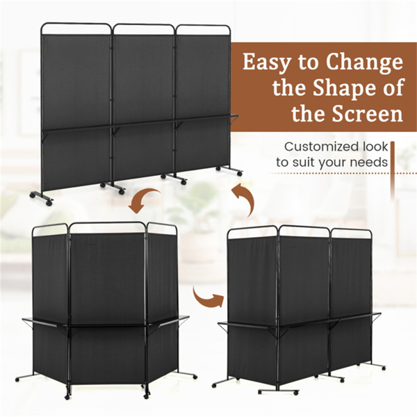 3-Panel Folding Divider with Lockable Wheels and 3 Metal Shelves Black