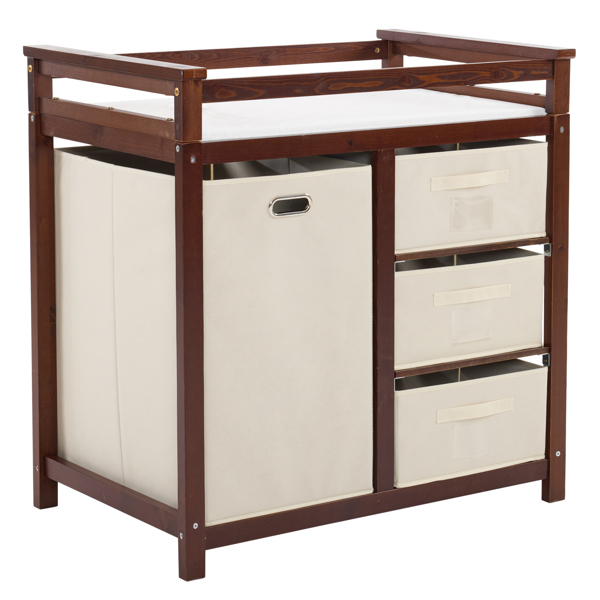 FCH Wooden Frame Removable Top Brown Painted Pine Children's Cot with 3 Fabric Drawers + 1 Fabric Bag