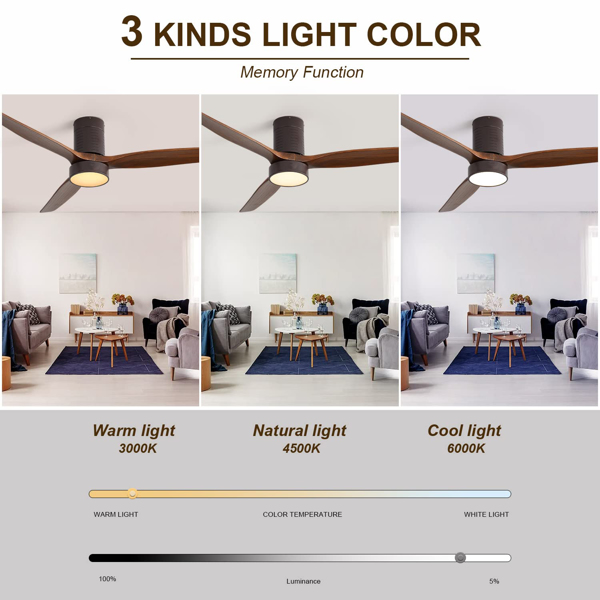 52 Inch Flush Mount Ceiling Fan with LED Light and Remote Control Solid Wood Blades