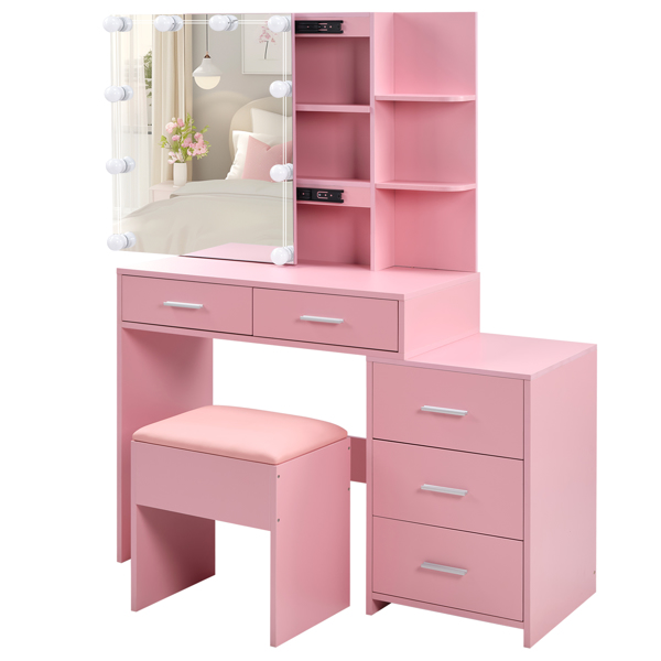 Pink Textured Particle Board with Melamine Laminate Five-Drawer Two-Shelf Sliding Door Mirror Cabinet Dressing Table Set with Three-Color Dimmable Bulb