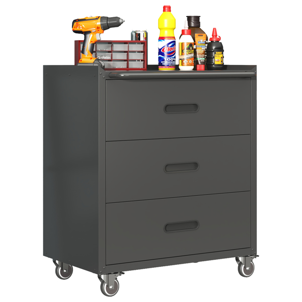 Heavy-Duty Metal Storage Cabinet with Wheels - 3 Drawer Tool Cabinet for Garage, Office, and Home Organizer Solutions, Black/Gray