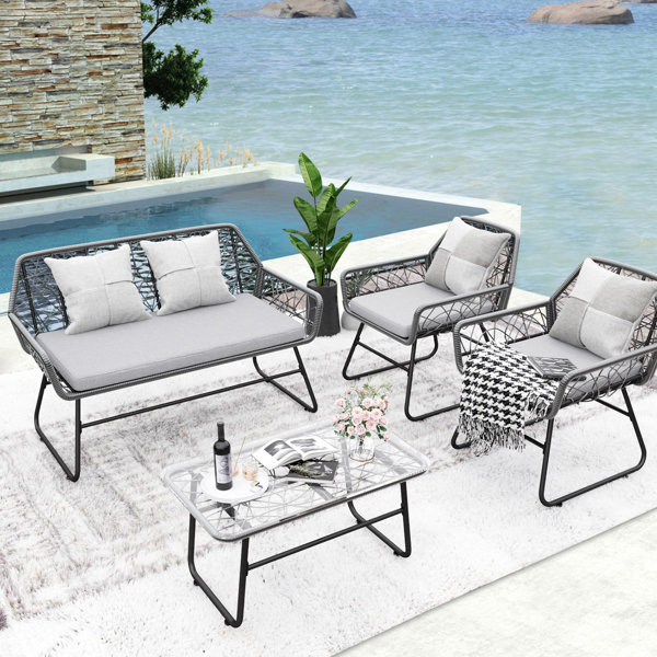 Outdoor Furniture 4 Piece wicker patio furniture set,glass table,With cushion,Suitable for patio, garden, balcony, etc.