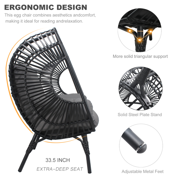 New Style PE Wicker Weaving Patio Egg Chair with Black Color Rattan Grey Cushion