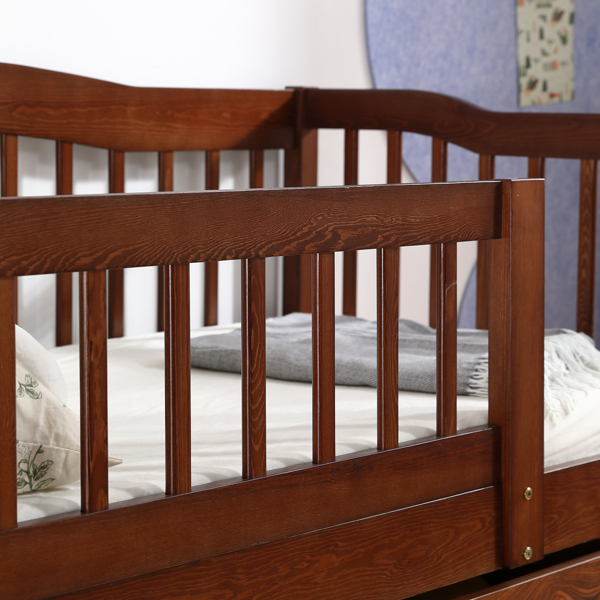 FCH Vertical Fence Brown Painted Pine Toddler Bed with Bottom Drawer and Side Car Bed