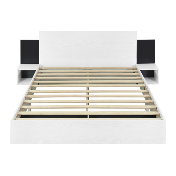 Queen Size Wooden  Floating Platform Bed, with LED Lights, Bedside Nightstand, White