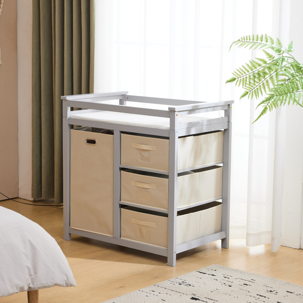 FCH Wooden Frame Removable Top Gray Painted Pine Children's Cot with 3 Fabric Drawers + 1 Fabric Bag