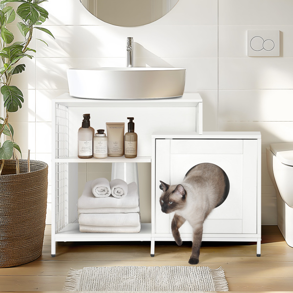 Cat litter box enclosure for bathroom, Hidden Litter Pet Washroom with Divider, Indoor Cat House for Large Cats, White