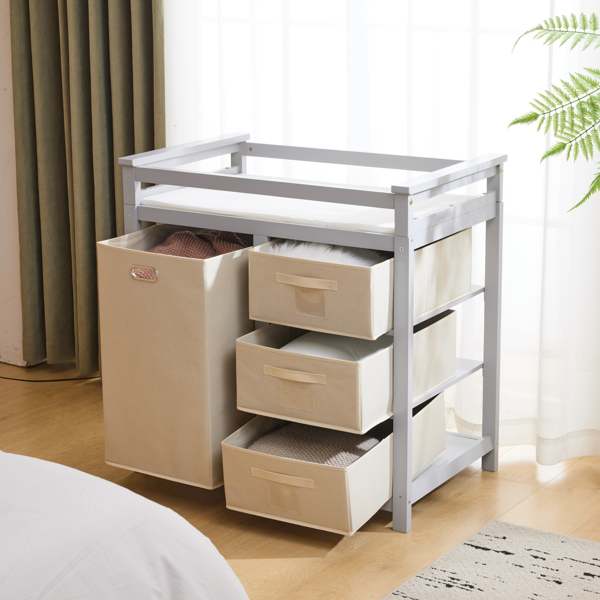 FCH Wooden Frame Removable Top Gray Painted Pine Children's Cot with 3 Fabric Drawers + 1 Fabric Bag