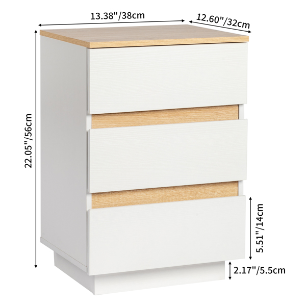 FCH embossed white + embossed oak E1 particle board 12MM handle-free 38*32*56cm 3 drawers bedside table 1pc