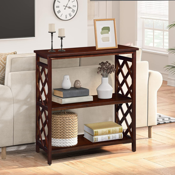 Console Table 3-Tier with Storage Shelves,Open Bookshelf Bookcase with Solid Wood Legs for Hallway, Living Room and Bedroom. Cherry