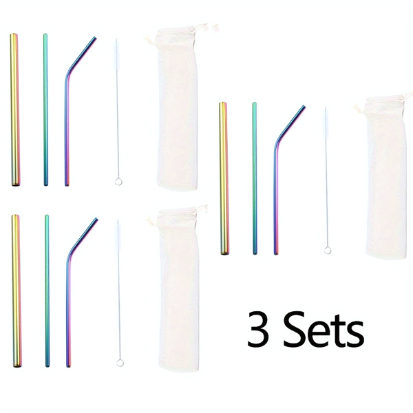 Iridescent 3 Sets (9pcs) Of Reusable Straws With Cleaning Brush And Storage Bag, Colorful Bent Straws And Straight Straws, Perfect For Parties, Restaurants, Home, Halloween, Christmas.