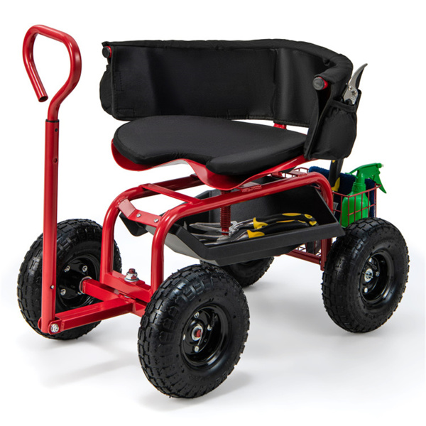 Garden Cart Height Adjustable Scooter with Swivel Seat & Tool Storage Red