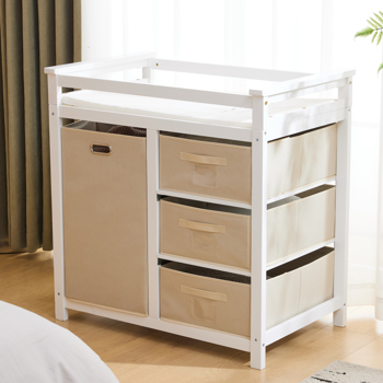  FCH Wooden Frame Removable Top White Painted Pine Children\\'s Cot with 3 Fabric Drawers + 1 Fabric Bag