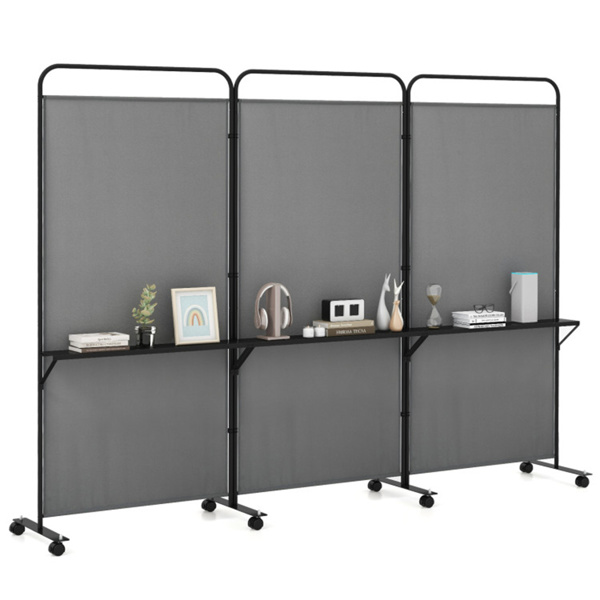 3-Panel Folding Divider with Lockable Wheels and 3 Metal Shelves Grey