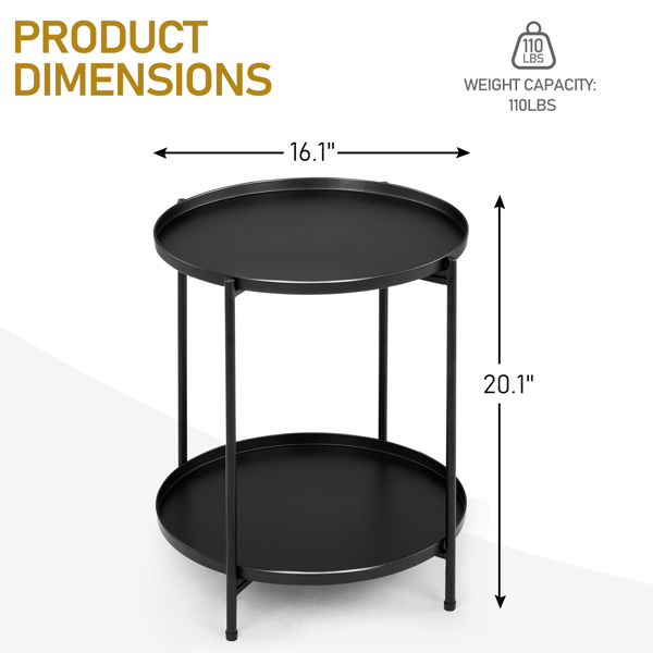 2-Tier Patio Side Table, Outdoor Metal Round Small Coffee Table with Removable Tray, Weather Resistant End Table for Indoor Outdoor Garden Balcony Yard, Black