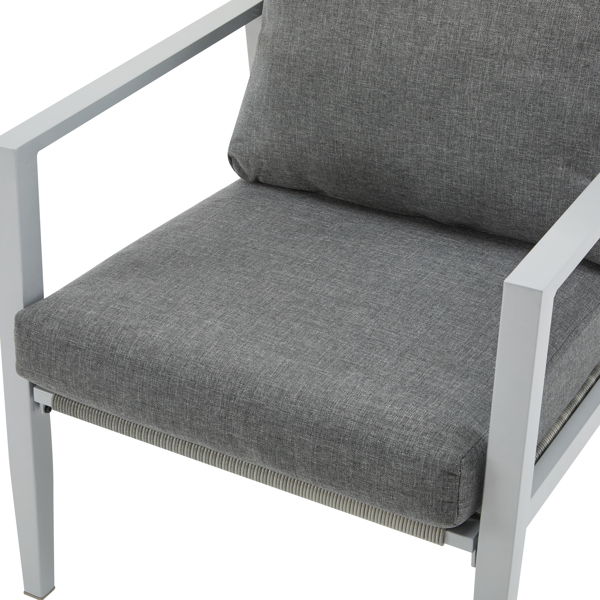 Silver Aluminum Lounge Chair with Sleek Rope Accents and Comfortable Cushions, Perfect for Modern Outdoor and Indoor Spaces