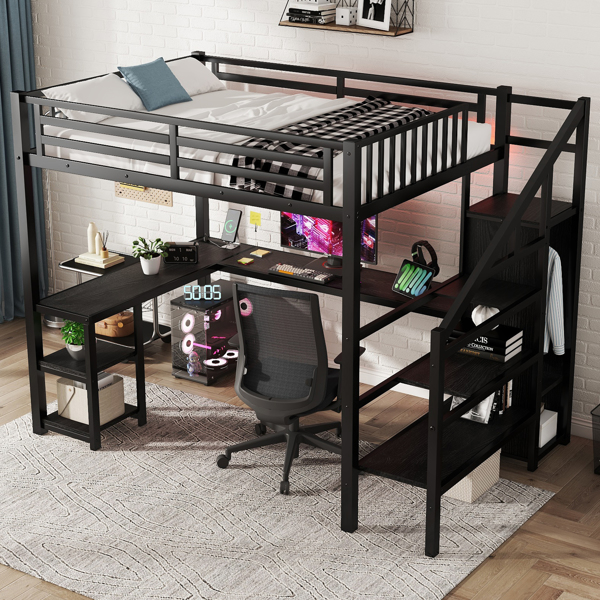 Metal Full Loft Bed with Wardrobe and LED Light, Full Size Loft Bed with L Shaped Desk and USB for Kids Teens Adults, Black