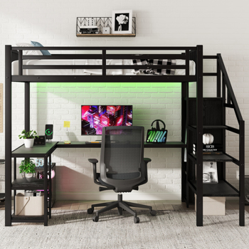 Metal Full Loft Bed with Wardrobe and LED Light, Full Size Loft Bed with L Shaped Desk and USB for Kids Teens Adults, Black