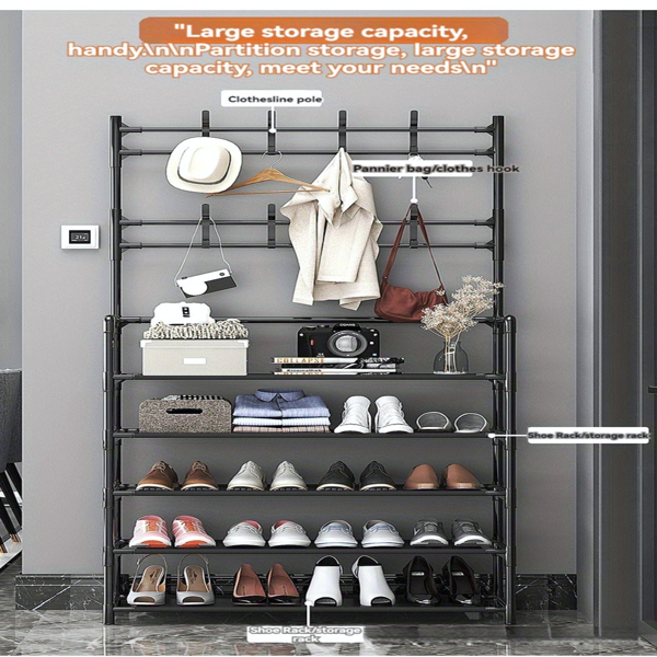 5-Tier Multi-Functional Shoe Rack & Coat Stand – Freestanding Entryway Organizer for Shoes, Boots, Hats & Coats, Fits 10-15 Pairs, Ideal for Bedrooms, Hallways & Dorms