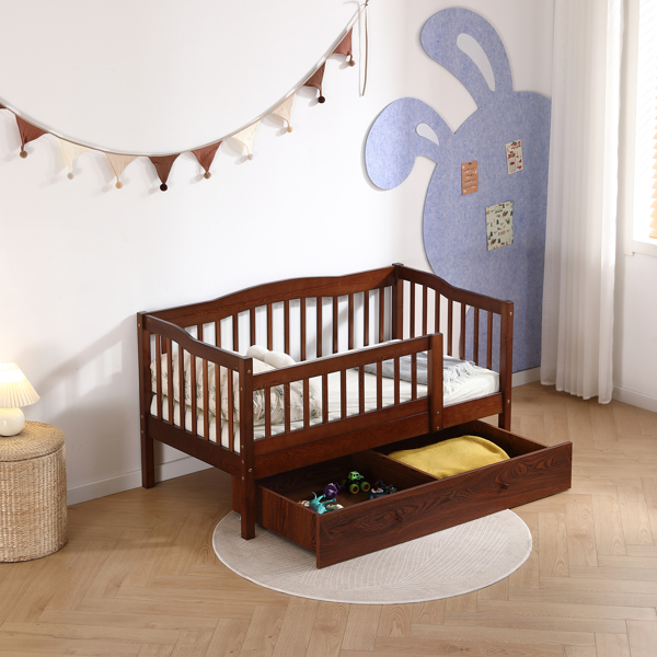 FCH Vertical Fence Brown Painted Pine Toddler Bed with Bottom Drawer and Side Car Bed