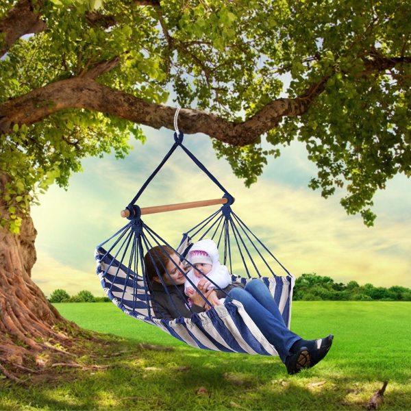 Hammock Hanging Chair Canvas Porch Patio Swing Seat Portable Camping Rope Seat Wooden Stick Hammock Chair with 2 Pillows 265LBS Load-bearing