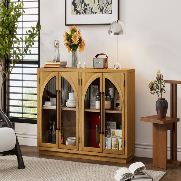 4-Door Large Storage Sideboard Buffet Cabinet with Glass Doors, Arched Cabinet with Adjustable Shelves for Kitchen, Dining Room and Living Room (Natural Wood)