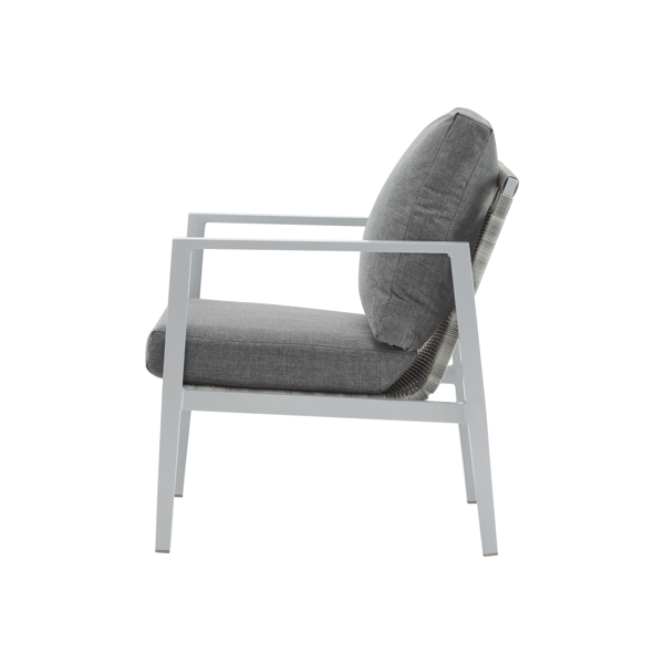 Silver Aluminum Lounge Chair with Sleek Rope Accents and Comfortable Cushions, Perfect for Modern Outdoor and Indoor Spaces