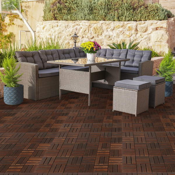 27pcs Wood Interlocking Deck Tiles 11.8"x11.8", Waterproof Flooring Tiles for Indoor and Outdoor, Patio Wood Flooring for Patio Porch Poolside Balcony Backyard