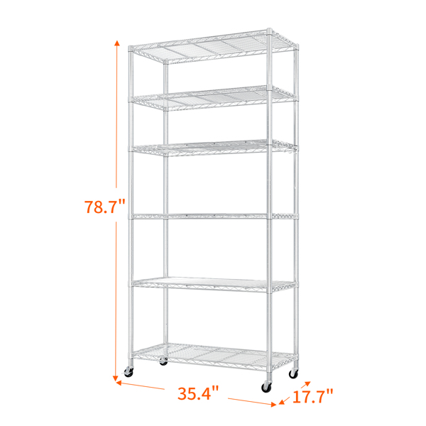 Heavy Duty Storage Shelves  78.74" H   Wire Shelving Unit with Wheels 1200LBS  NSF Metal Shelves for Storage Adjustable Garage Storage Rack Pantry Shelf Commercial Shelving, 78.74" H X 35.43''W X 17.7