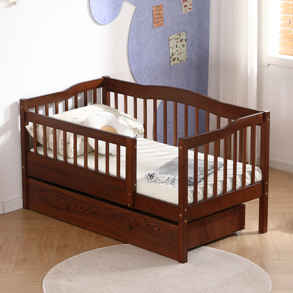 FCH Vertical Fence Brown Painted Pine Toddler Bed with Bottom Drawer and Side Car Bed