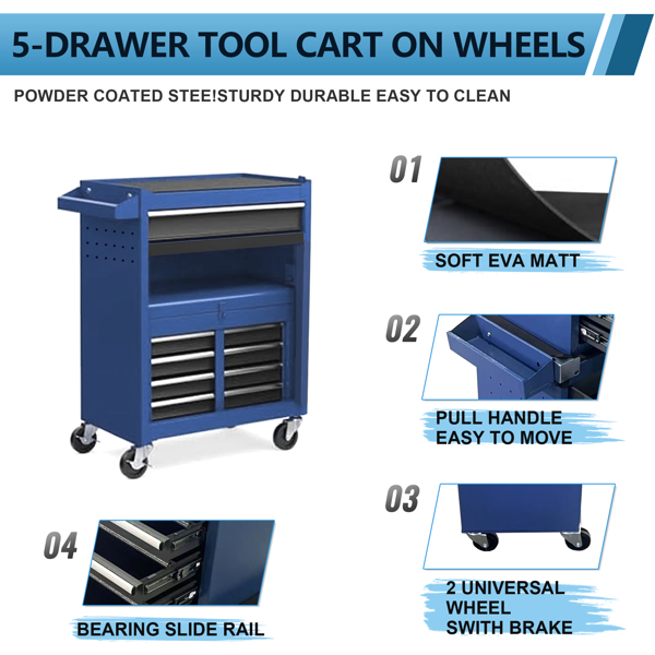 Tool Chest,5-Drawer Rolling Tool StorageCabinet with Enhanced Packaging, DetachableTop Tool Box, Metal Tool Cart for GarageWorkshop