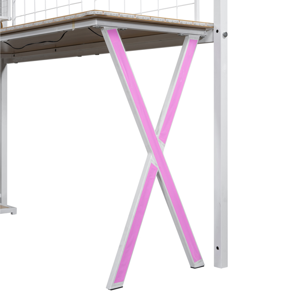 Twin Size Metal Loft Bed with Built-in Work Station, Wardrobe, Storage Staircase and LED, White