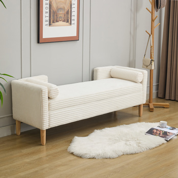 65.35\\"Wide Corduroy Storage Soft Bench with Armrests, Backrest and Two bolster Pillows for Living Room, Entryway and Bedroom. Ivory