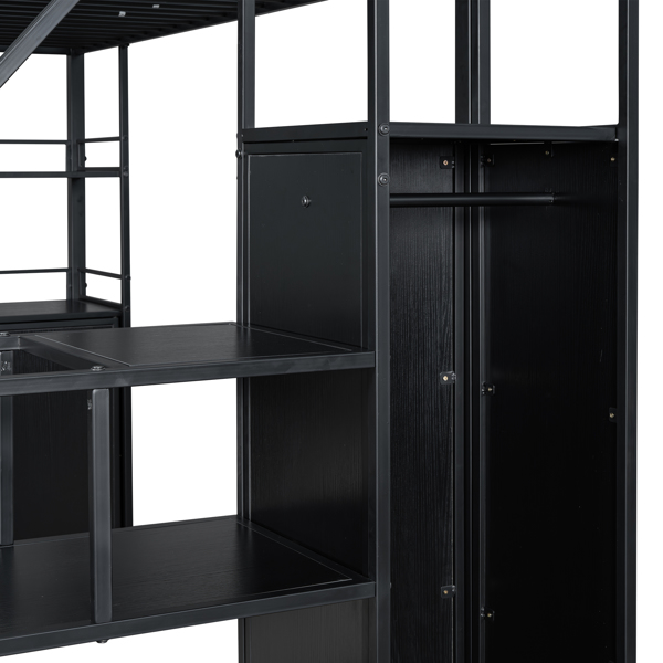 Full Size Metal Loft Bed with Storage Staircase and Wardrobe,Shelves and Lockers,Black