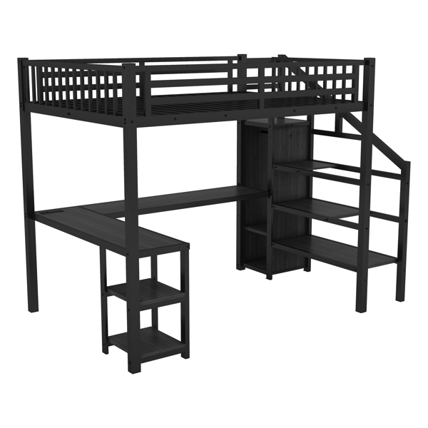 Metal Full Loft Bed with Wardrobe and LED Light, Full Size Loft Bed with L Shaped Desk and USB for Kids Teens Adults, Black