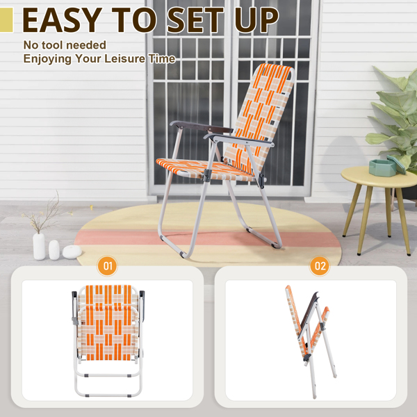 Set of 2 Webbed Folding Beach Chairs, Outdoor Patio Lawn Foldable Chairs for Camping Fishing Yard Poolside BBQ, Orange & White